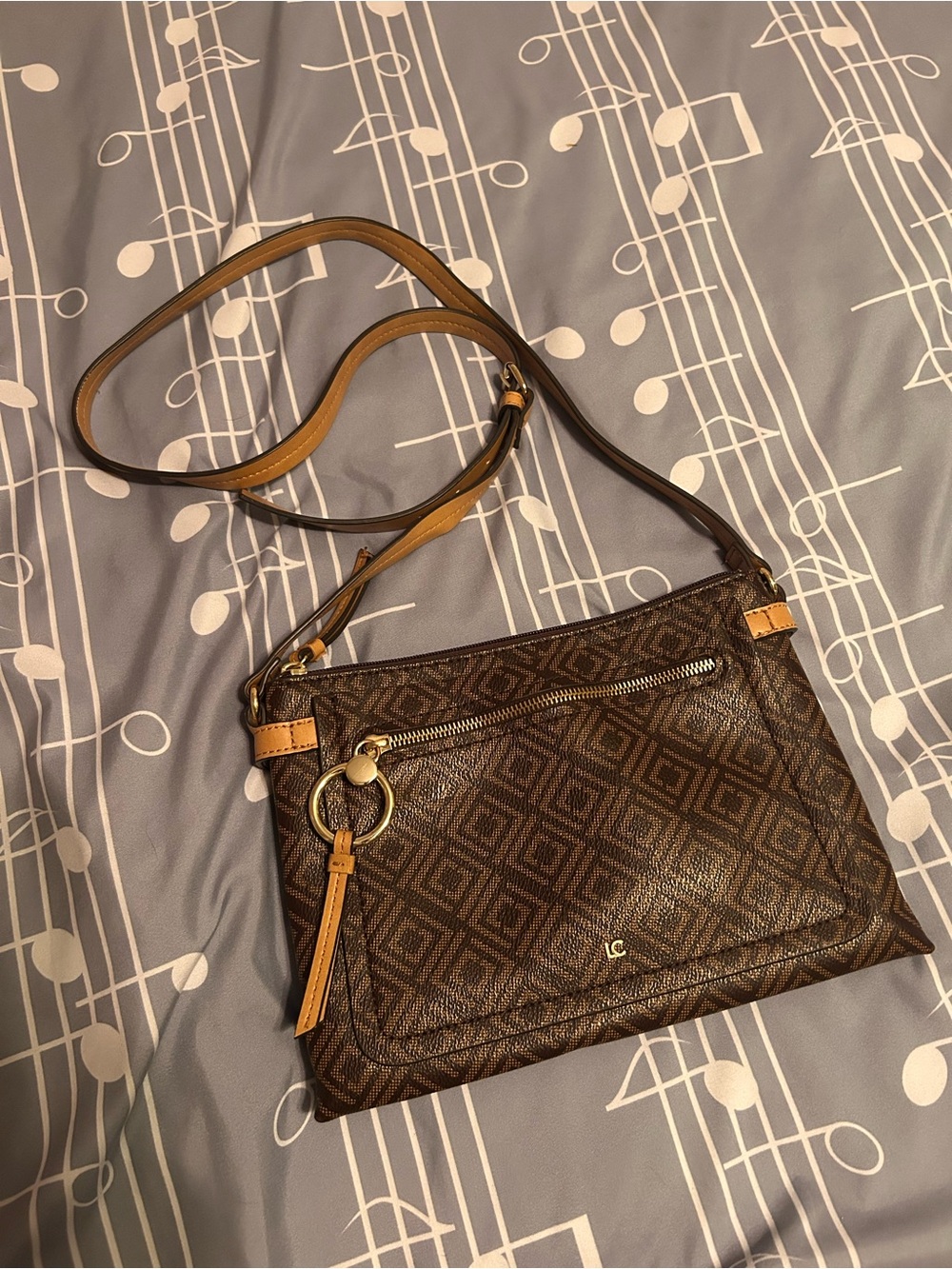 Liz Claiborne Brown Patterned Crossbody with Tan‎ Trim